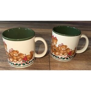 VTG 1987‎ Pair 2 Christmas Teddy Bear Mugs Made In Korea Potpourri Press Green
